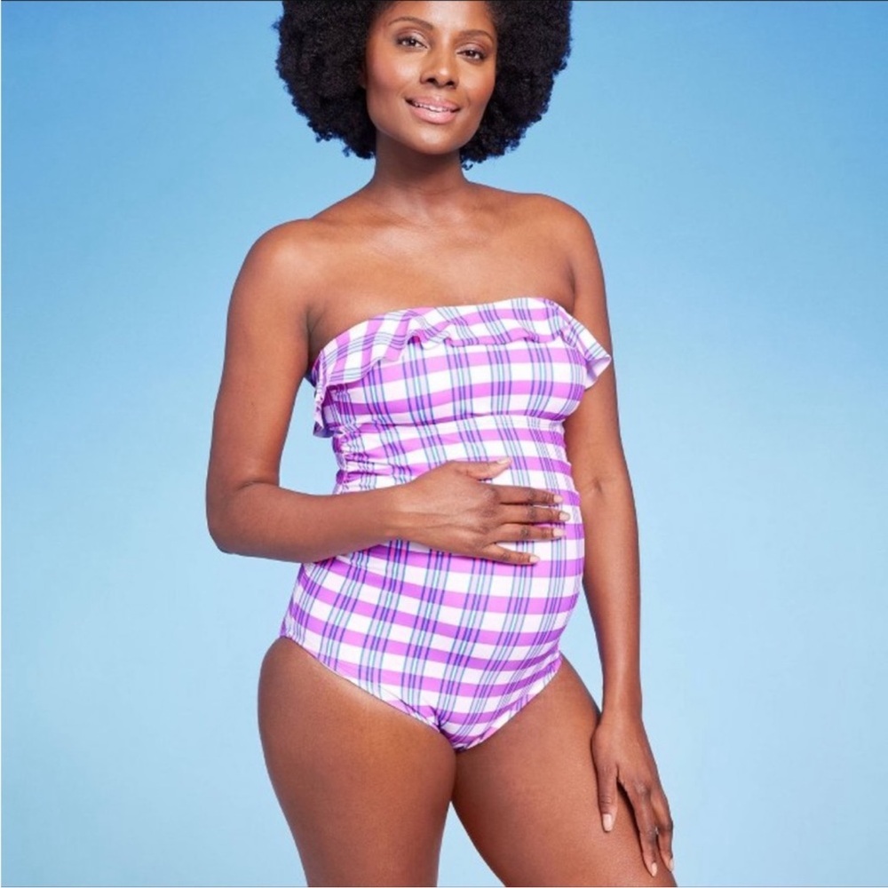 Isabel Maternity by Ingrid & Isabel Purple Gingham Ruffle Swimsuit Size Large
